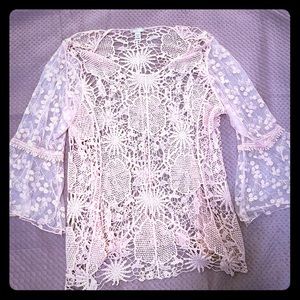 Light pink laced shirt with flowy sleeves see thru